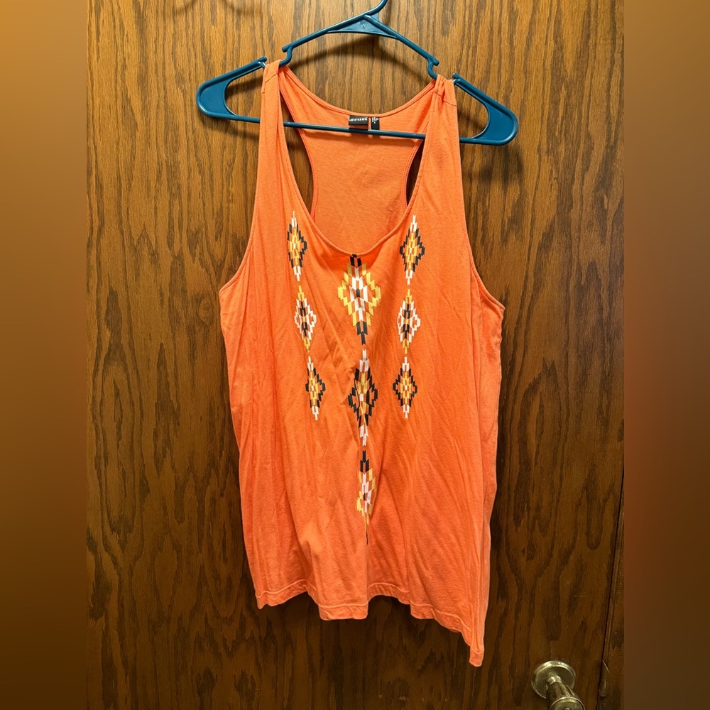 Coral Pinkish-Orange Sleeveless Top with Geometric Pattern-Cruel Girl